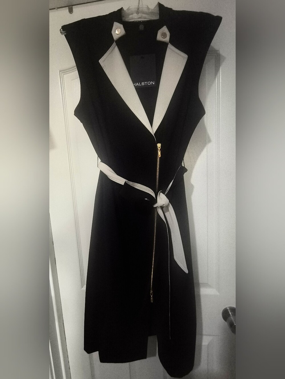 Halston Heritage Black Midi Dress with White Trim and Gold Zipper Accent